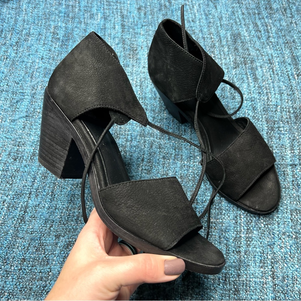 Eileen Fisher Ann Tie-Front Heeled Nubuck Leather Sandals in Black Women's 6.5